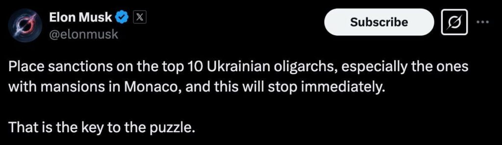 Илон Мъск с план за спиране на войната: Прекъсвам Starlink за ВСУ и САЩ налага санкции на украинските олигарси! Украйна рухва на фронта